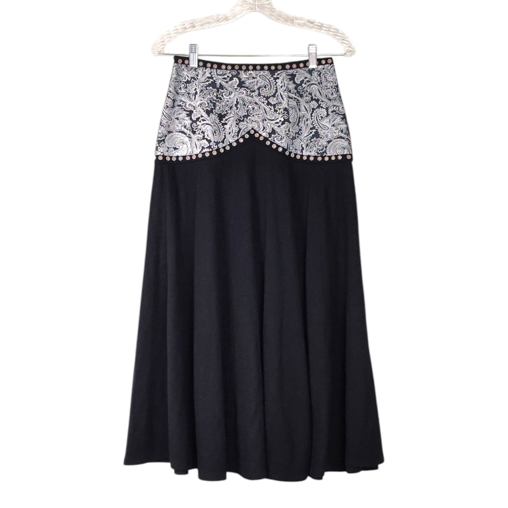 Cache Black A-Line Skirt with Beige Ornate Waist Panel - Picture 2 of 14